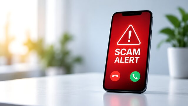 Modern smartphone displaying a bright red scam alert warning message during an incoming call on a white desk in a sunlit room, conceptualizing cyber security threats and fraud prevention.