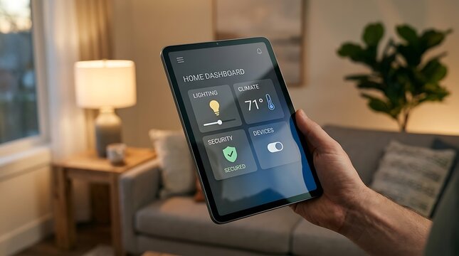 Hand holding a modern digital tablet displaying smart home management controls in a cozy living room with control panel automation device life technology
