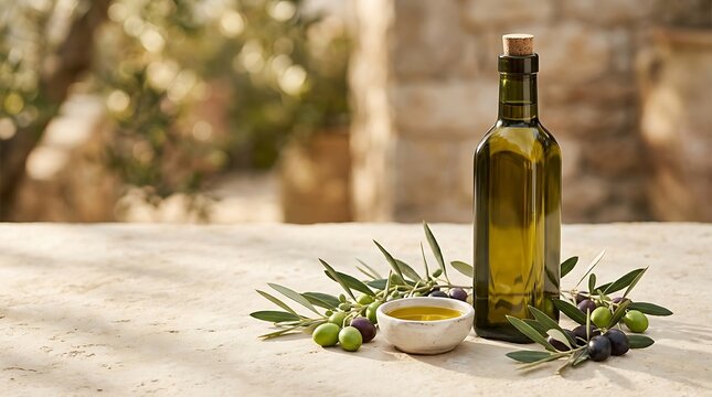 Glass bottle of extra virgin olive oil with fresh green and black olives on a stone table still life food preparation culinary mediterranean ingredient nutrition vegetarian glassware