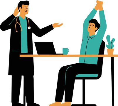 Doctor discusses health with man exercising at desk.