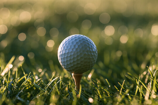 Golf Ball on Tee in Green Grass at Sunrise
