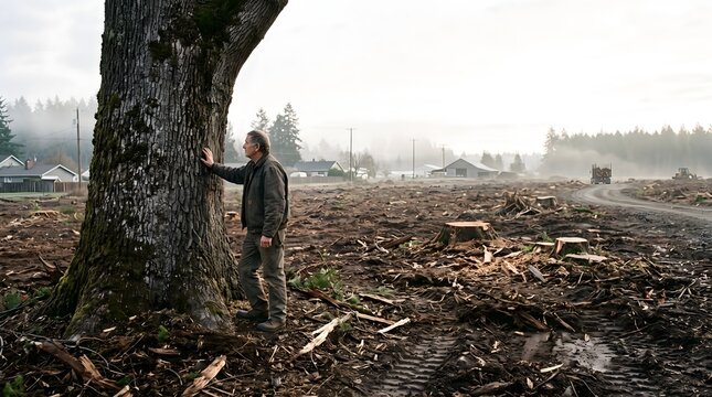 Man standing beside last remaining large tree in deforested area showing environmental damage logging impact