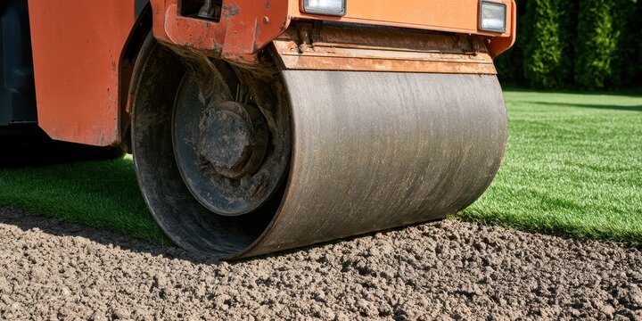 Heavy Roller Compacting Soil for New Lawn Installation