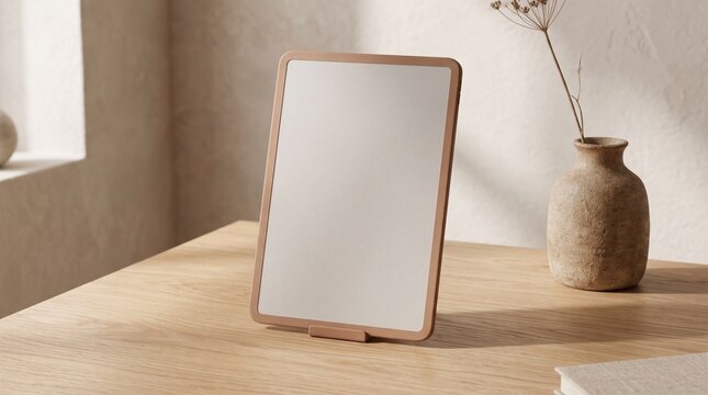 Minimalist clay style tablet mockup with blank vertical screen on wooden desk with ceramic vase