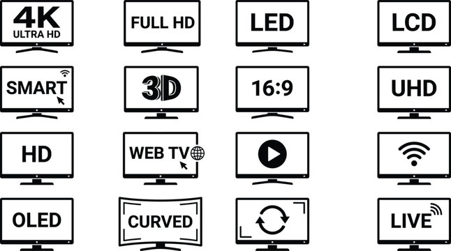 Smart TV screen monitor icon set, 4K UHD OLED curved television display technology symbols, vector illustration