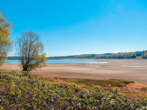 Lake Michelbach in southern Alsace during periods of low water, slowly fed by gravity pipeline from the Doller and the Michelbach Stream