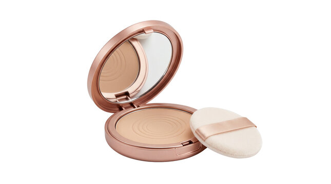 Rose gold makeup compact with face powder and applicator puff, elegant cosmetic mirror case, luxury beauty product for skin tone correction isolated PNG with Transparent Background