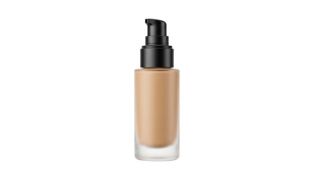 Cosmetic liquid foundation glass bottle with black pump, professional makeup concealer container, beige skin tint for beauty branding isolated PNG with Transparent Background