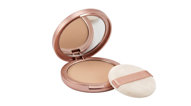 Rose gold makeup compact with pressed face powder and mirror, professional cosmetic foundation with soft applicator puff, luxury beauty product isolated PNG with Transparent Background