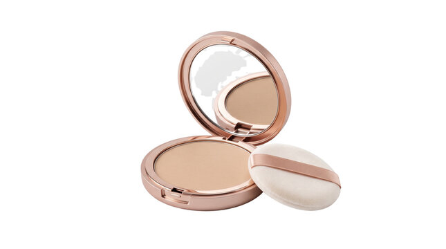 Luxury rose gold makeup compact with mirror, elegant pressed face powder for skin correction, professional cosmetic beauty accessory isolated PNG with Transparent Background
