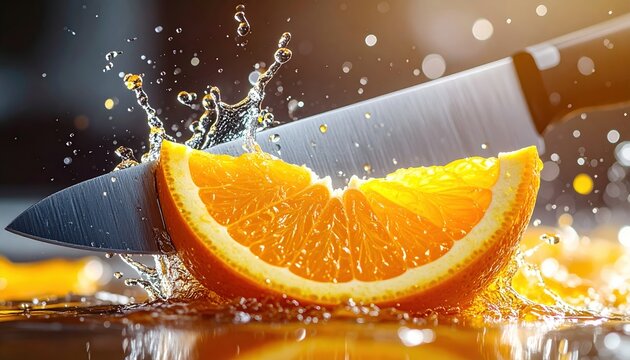 Sharp steel knife slicing juicy orange with fresh juice splash, culinary action