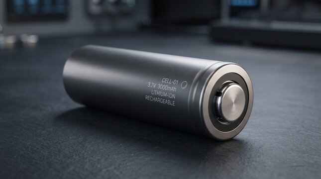 Industrial high capacity lithium ion rechargeable battery cell for electronic devices and energy storage solutions on a dark technical surface