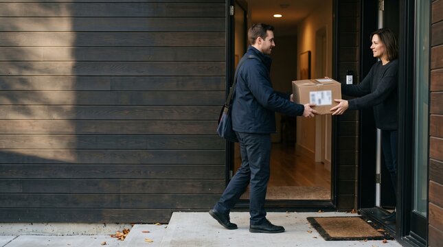 Friendly male courier hands cardboard package box to woman at modern home front door daytime for online shopping order