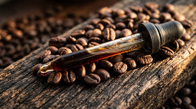 Pipette filled with liquid rests among roasted coffee beans on wood