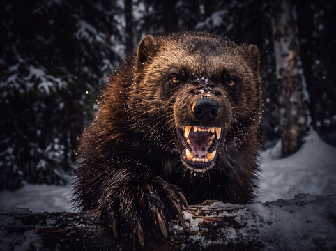 Ferocious wolverine snarling with bared teeth in snowy forest, intense stare and snowy fur conveying wild aggression