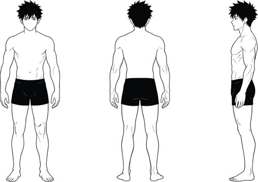 Anime male character base body reference sheet vector illustration featuring front back and side turnaround views