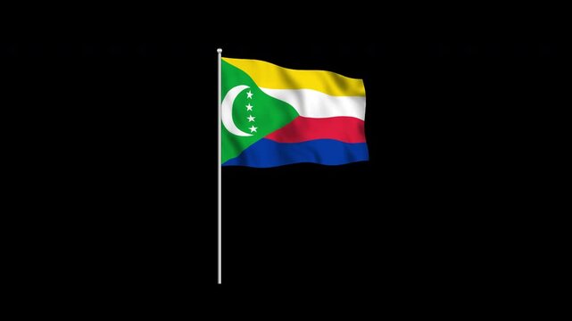 Animation of the Comoros flag fluttering on a flagpole against a transparent background in 4K