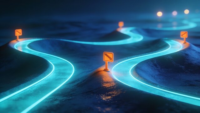 Diverging glowing blue path with orange road signs in dark landscape.