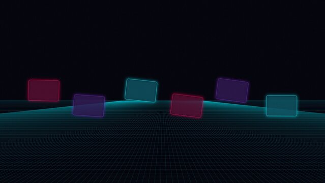 A dark digital landscape with a glowing blue grid floor and floating translucent rectangular panels in red, purple, and cyan colors in the air