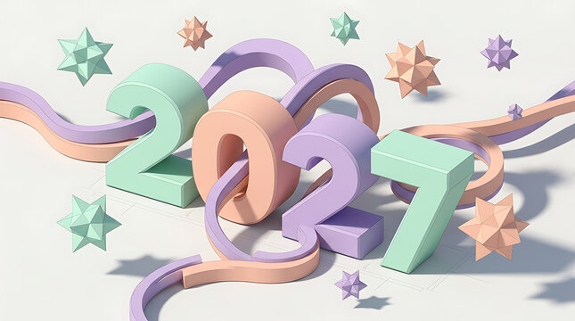 Floating pastel digits 2027 with decorative stars and ribbons
