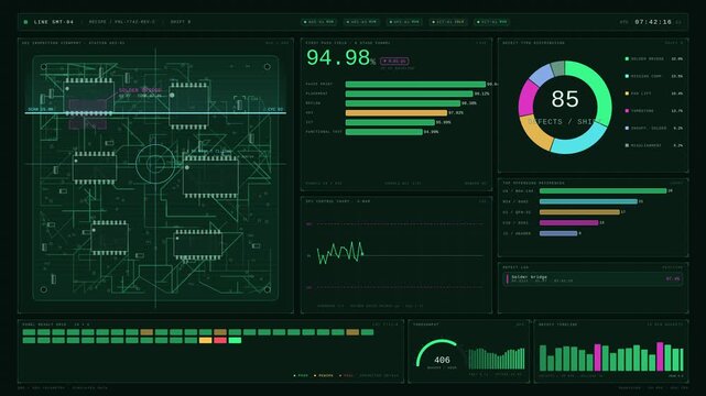 Electronics manufacturing quality dashboard visualizes automated inspection defects, first pass yield metrics, and real-time data analysis in a seamless loop of high-tech graphics.