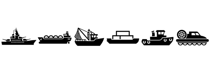 Black silhouette icons of various maritime vessels and watercraft ships © Mr