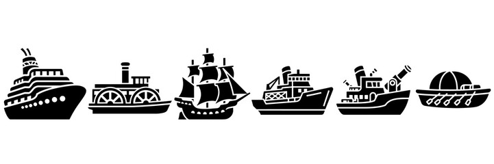 Black maritime vessel icon set silhouette collection of watercraft types © Mr