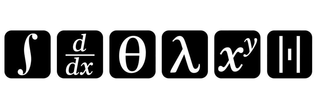 Mathematical symbols and equations icons in dark rounded square boxes