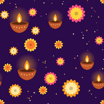 Seamless Diwali pattern with glowing diya oil lamps and marigold flowers