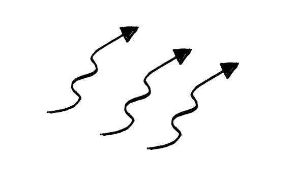 Set of three black hand drawn wavy squiggle arrows with solid triangle heads, snake line arrows pointing up and right, sketch doodle vector illustration isolated on white background, path symbols