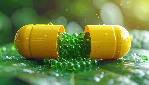 Yellow open capsule releasing green gel beads, pharmaceutical concept