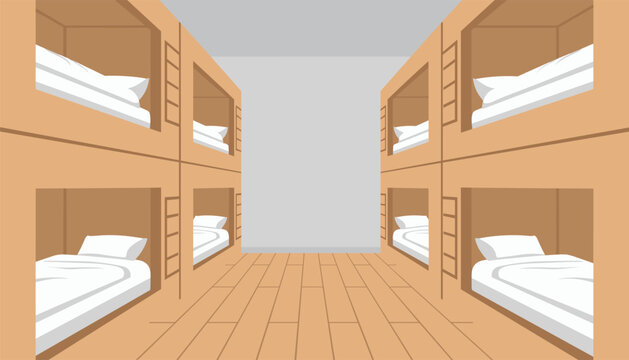 Interior perspective view of a minimalist hostel bedroom featuring wooden bunk beds with white bedding.