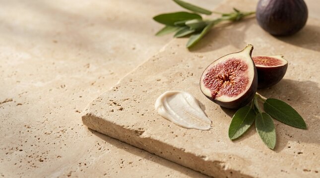 Fresh figs and skincare cream smear on textured limestone slab