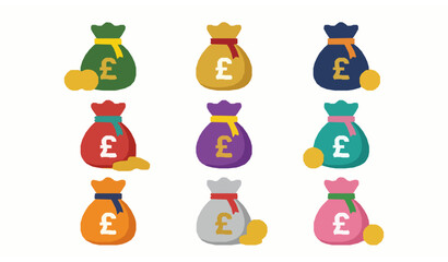 Fototapeta premium Colorful flat pound sterling money bags set with gold coins and sparkles for UK business profit and investment concept design
