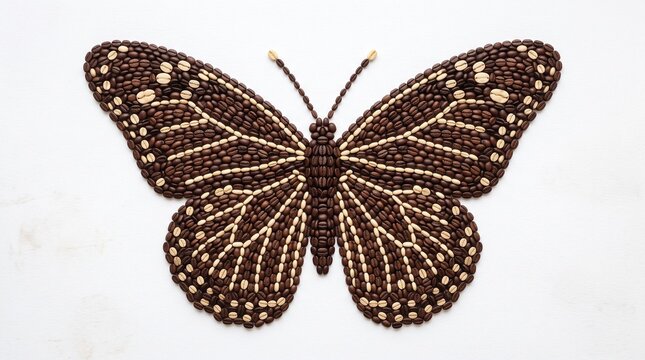 Butterfly composed of coffee beans rests on a white surface