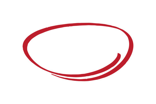 A hand drawn red circle highlight mark is isolated on a white background. This abstract scribble ring acts as an important correction or selection notice. Red marker stroke design element.