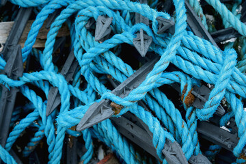 Loops of blue rope form a tangled nautical texture on Lewis and Harris, Outer Hebrides, Scotland. © George
