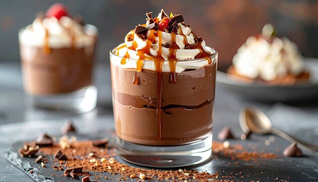 Decadent chocolate mousse parfait with whipped cream and caramel drizzle, dessert