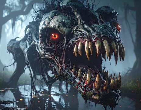 Terrifying swamp monster portrait with glowing red eyes