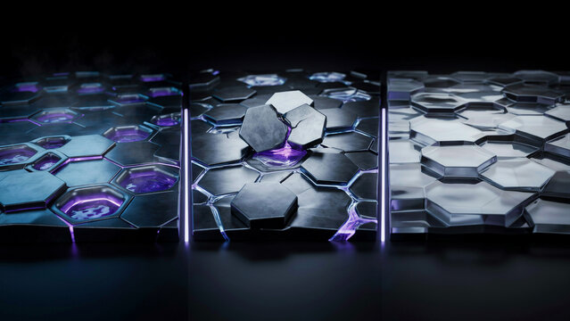 Three panels showing metallic hexagonal honeycomb patterns with purple and blue light, creating a futuristic textured surface, 3d render composition