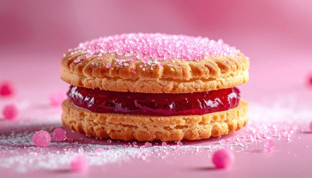 Sweet jam sandwich cookie decorated with pink sugar crystals, bakery treat