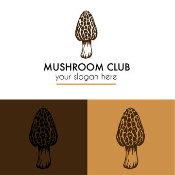 Morel mushroom club logo design and branding in vector