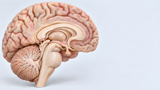 Cluster headache brain anatomy with hypothalamic emphasis in a photorealistic 3D medical render, preserving surrounding anatomy with copy space for neurology, healthcare design and patient education