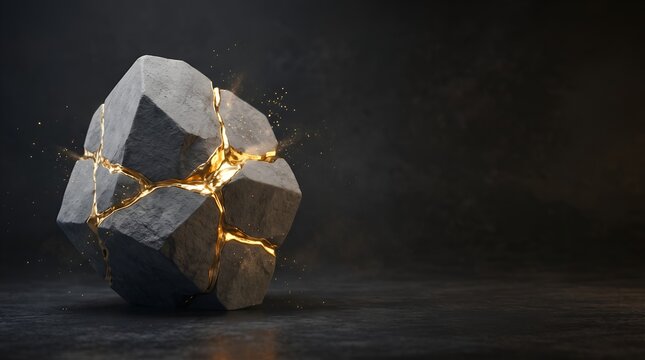 Broken grey stone revealing glowing golden energy inside, concept of hidden potential and inner strength.