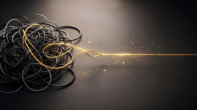 Messy knot of dark wires untangling into a single straight glowing golden thread, problem-solving concept.