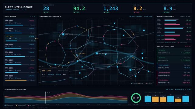 A dynamic fleet intelligence command center visualizes live truck locations, route performance, and delivery exceptions with vibrant colors and interactive data panels.