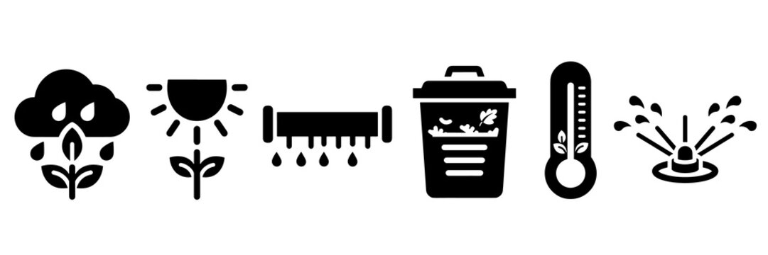 Black gardening icons set showing weather symbols and irrigation systems