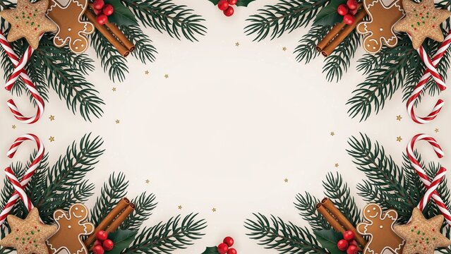 Christmas border with gingerbread cookies, pine branches, and candy canes