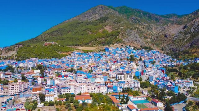 Aerial Drone View of Chefchaouen Blue City in Morocco, 4K
