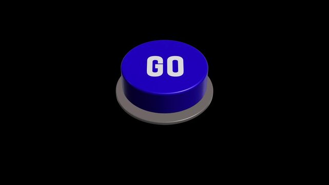 3D blue Go button sliding and pressing animation on black background.